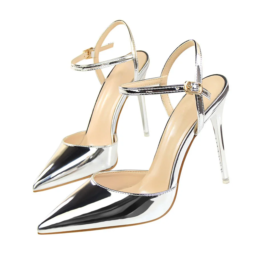 Серебристый Plardin Women Concise Fashion Ankle Strap Shoes Woman Pointed Toe Thin Heels women's Buckle Slingbacks Pumps High Heels - Цвет: Серебристый