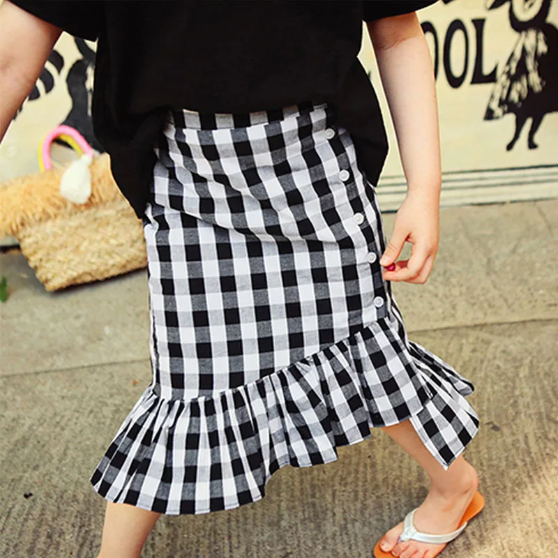 ruffles cotton baby teenage girls skirts mermaid white blue plaid long