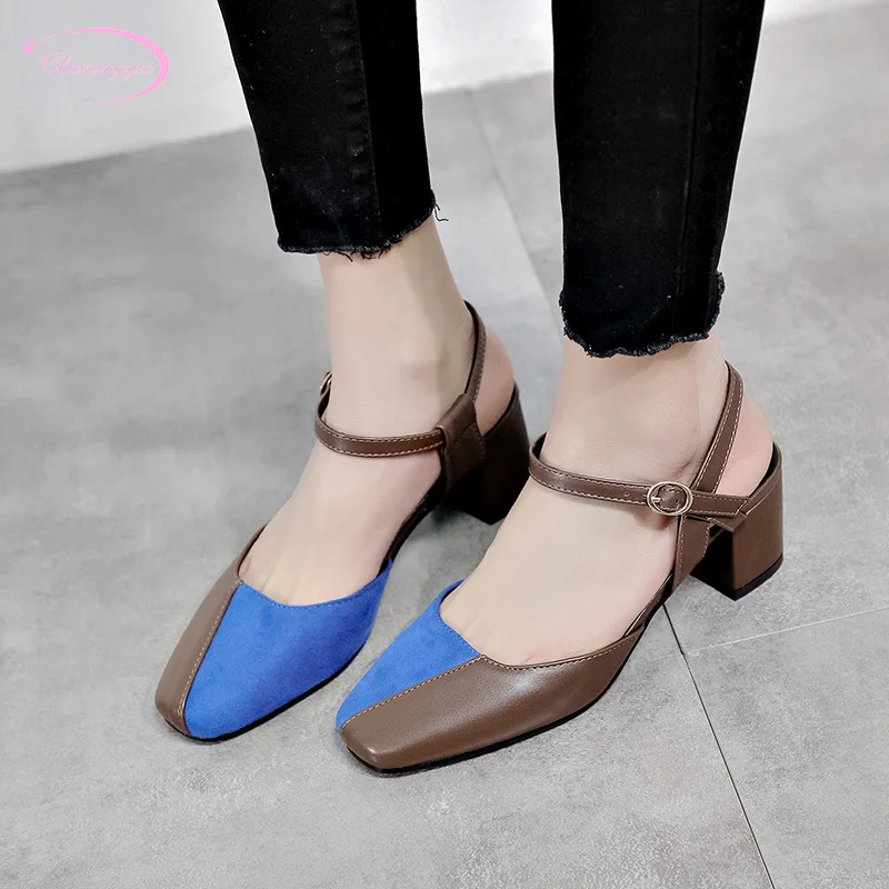 

British college style comfortable square toe summer sandals fashion matching color flock blue black medium with women's shoes