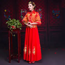 Oriental Винтаж Vestidos Formales красный невесты Qipao Феникс Вышивка женщина Традиционный китайский свадебное платье Для женщин Cheongsam