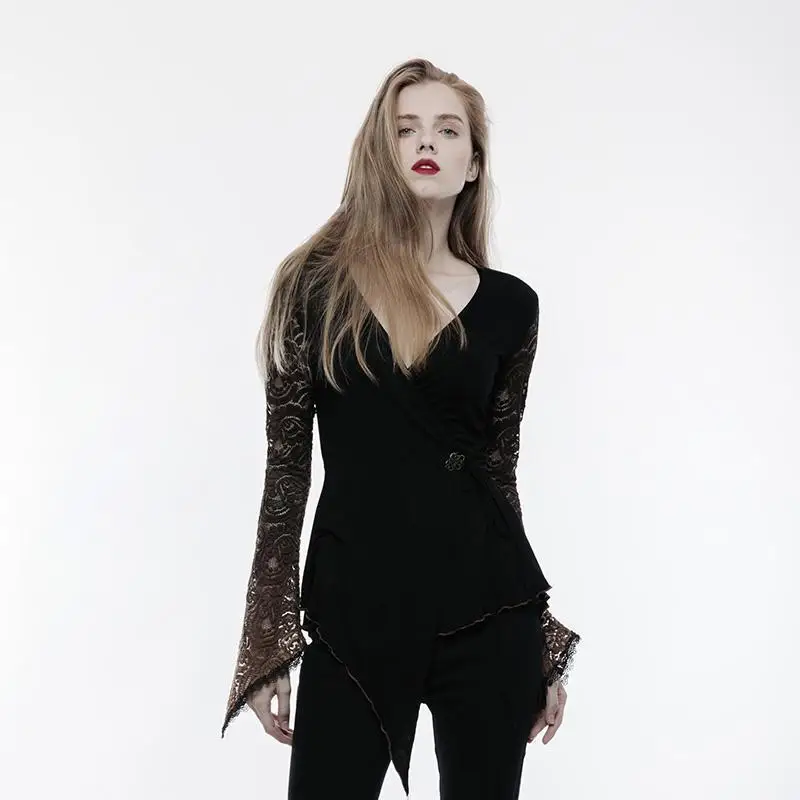 

Punk Rave Women's Gothic Floral Lace Sleeve Asymmetrical Hem Long-sleeve T-shirt T-498