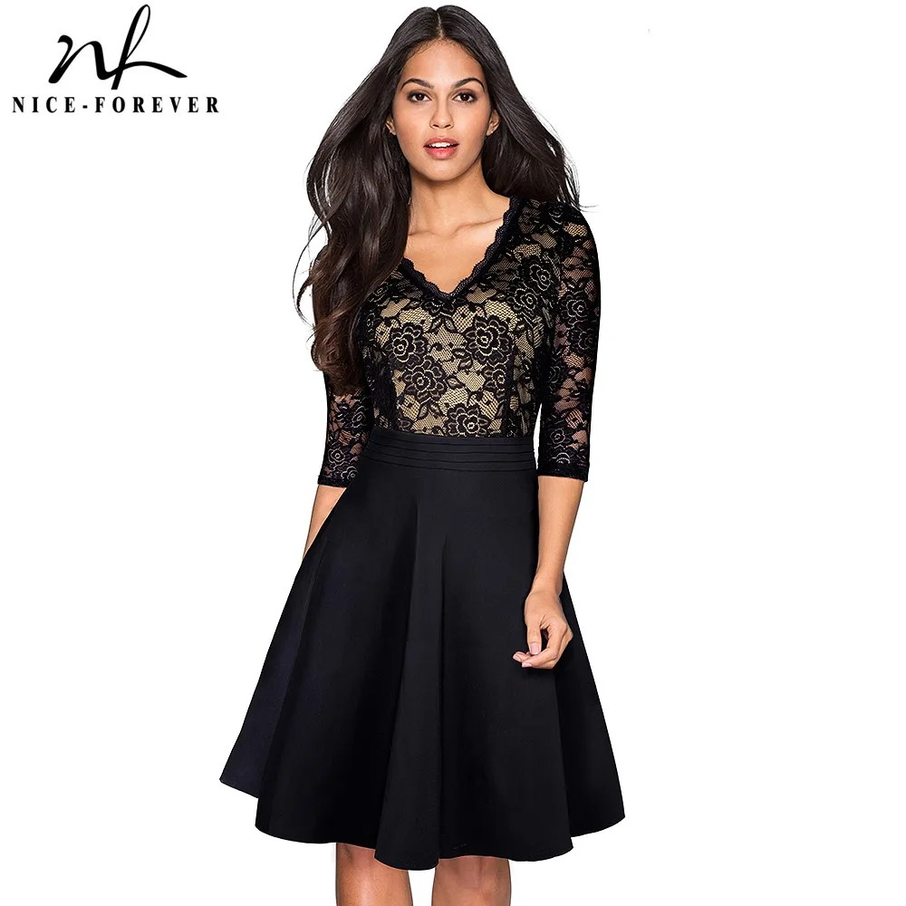 

Nice-forever Vintage Black Flower Elegant Lace Ruffle vestidos See Through Sleeve A-Line Pinup Business Women Flare Dress A062