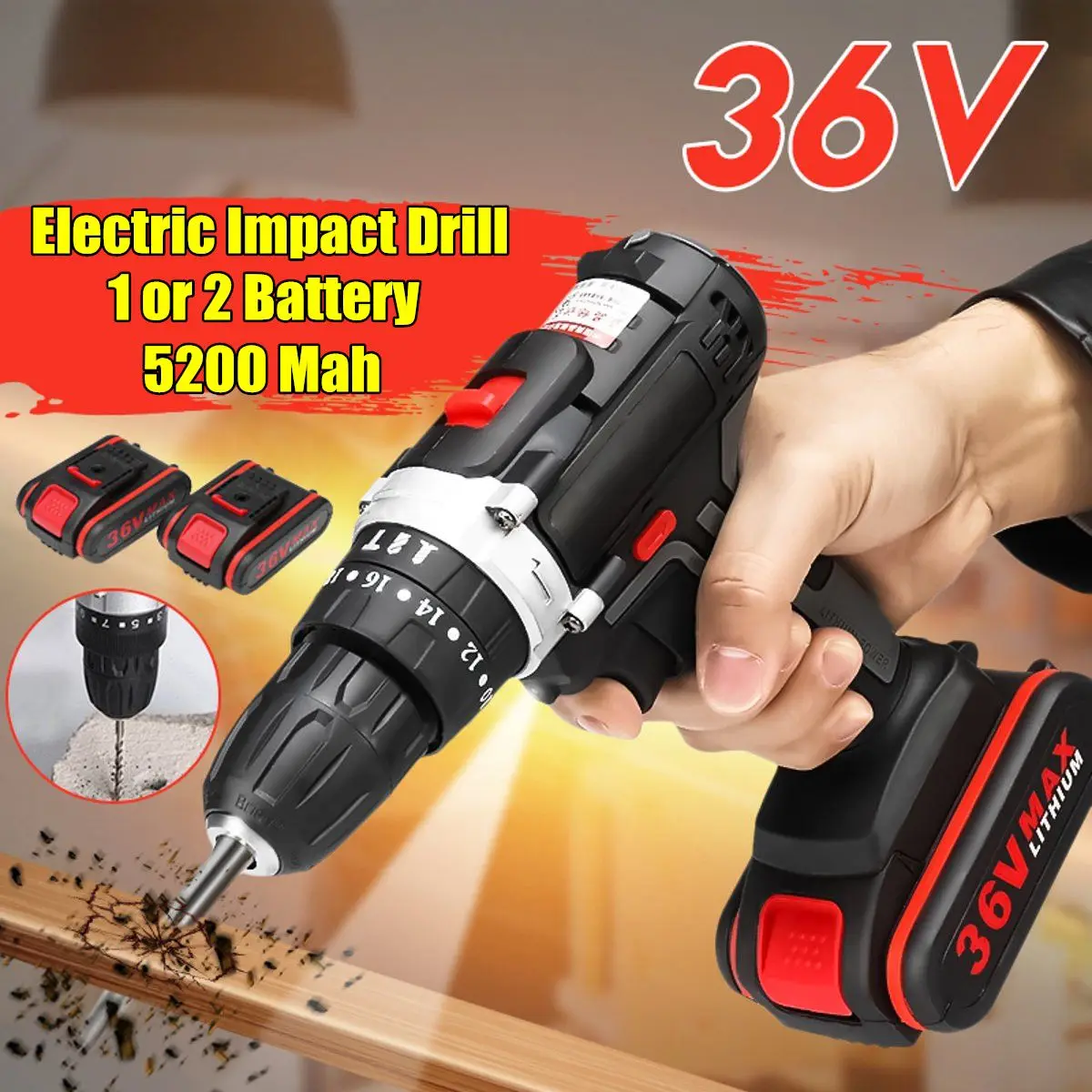 

36V Electric Impact Cordless Drill 5200mAh 1/2 Li-ion Battery 28Nm Wireless Rechargeable LED Light Home DIY Electric Power Tool