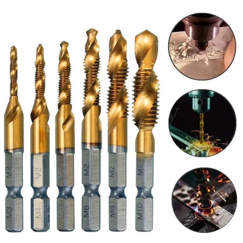 

6pcs/lot HSS 6542 High Speed Steel Titanium Coated Drill Bit Set 1/4 Inch Hex Shank Spiral Tap M3-M10