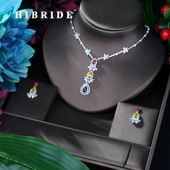 

HIBRIDE Hot Sale Multicolor AAA Cubic Zircon Pendant Necklace Earrings Set Fashion Elegant Jewelry Set Women Birthday Gift N-25