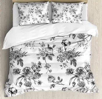 

Black and White Duvet Cover Set Vintage Floral Pattern Victorian Classic Royal Inspired New Modern Art 4 Piece Bedding Set
