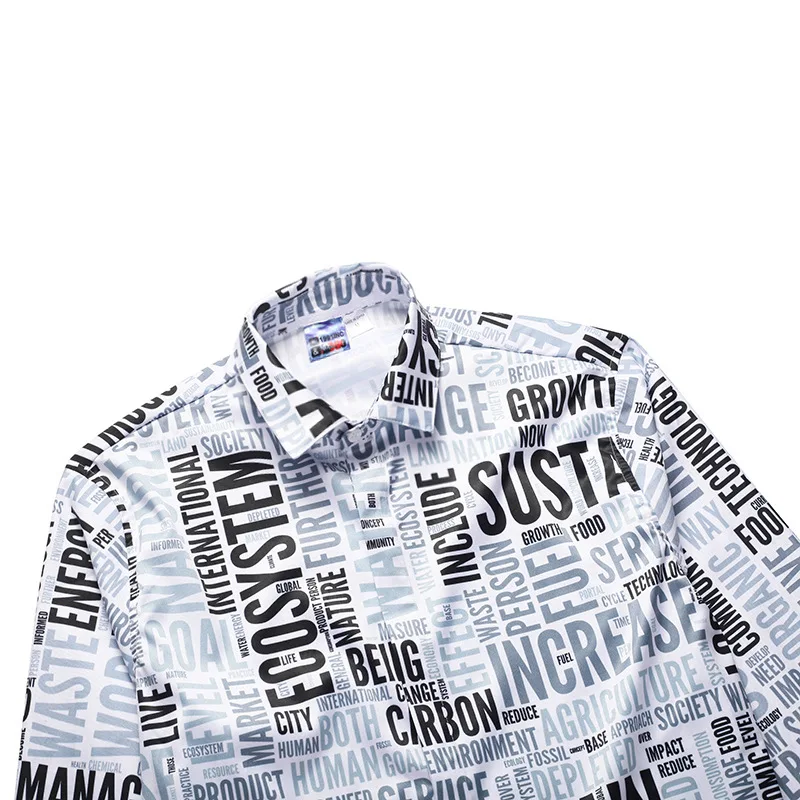 High Quality Men Shirt Long Sleeve Loose fit Alphabet Letter Print Turn-down Collar camisas Big Size Dress Shirts