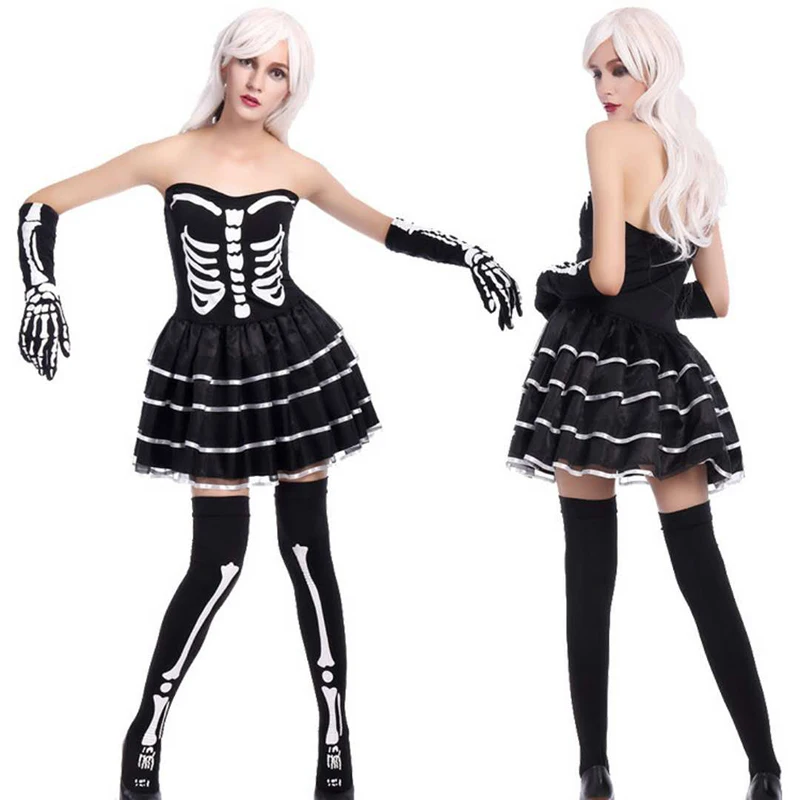 

New Halloween large size skull play dress black lace short dress cosplay zombie game uniform masquerade woman adult horror cloth