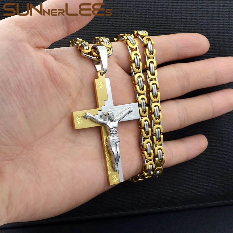 SUNNERLEES, ожерелье из нержавеющей стали с подвеской в виде Креста Иисуса Христа, византийская цепочка золотого цвета для мужчин SP220