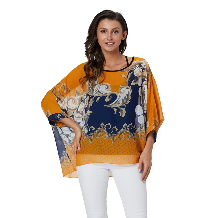 Baharcelin 5XL 6XL летняя блузка с рукавом летучая мышь Повседневная Женская блузка размера плюс шифоновая пляжная одежда с принтом в горошек