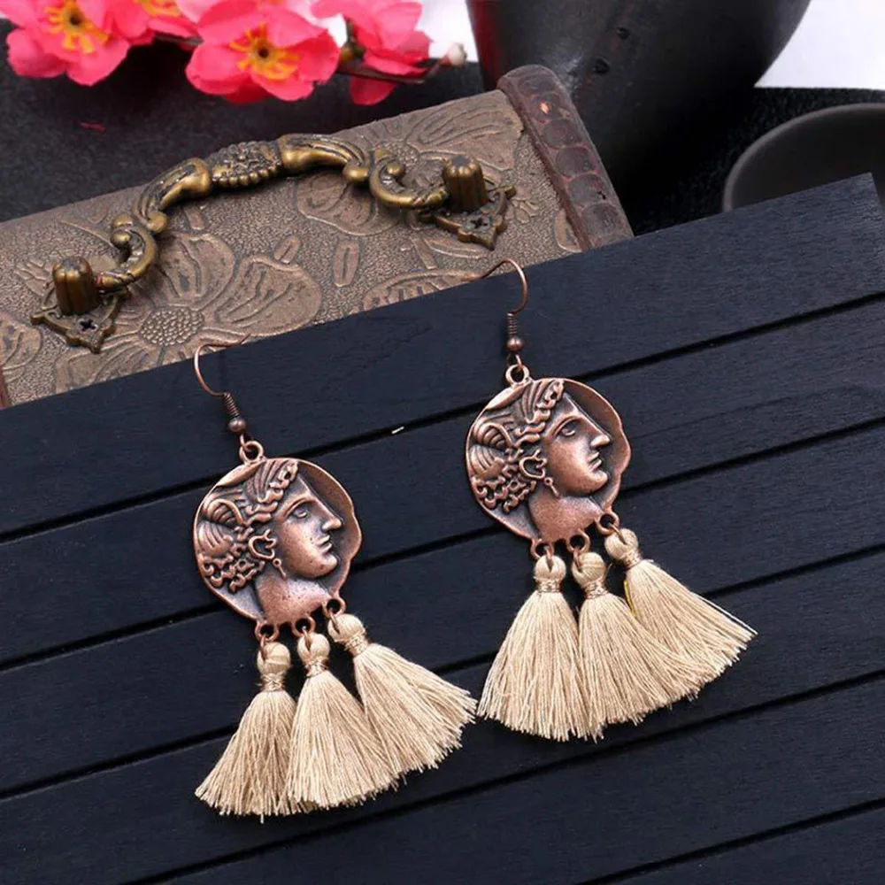 European 3 Colors Vintage Bronze Women Portrait Pendant Earrings Charming Fringe Thread Tassel