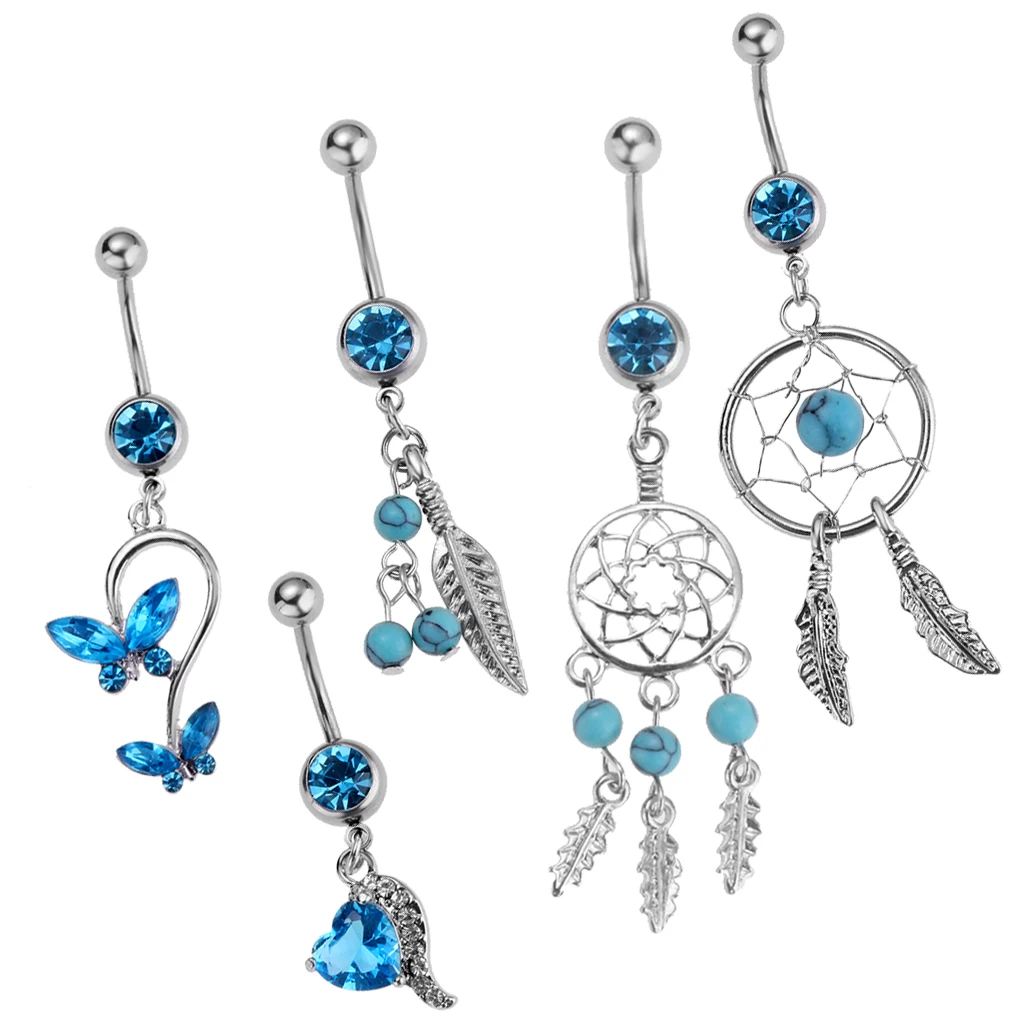 5 Pieces Women Rhinestone Dreamcatcher Butterfly Leaf Heart Belly Bar Navel Ring