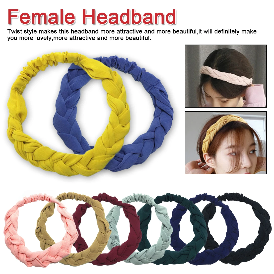 

Fashion Women's Braid Elastic Hair Bands for Girls Headband Head Wrap Hair Accessories Solid Color Twist hair band