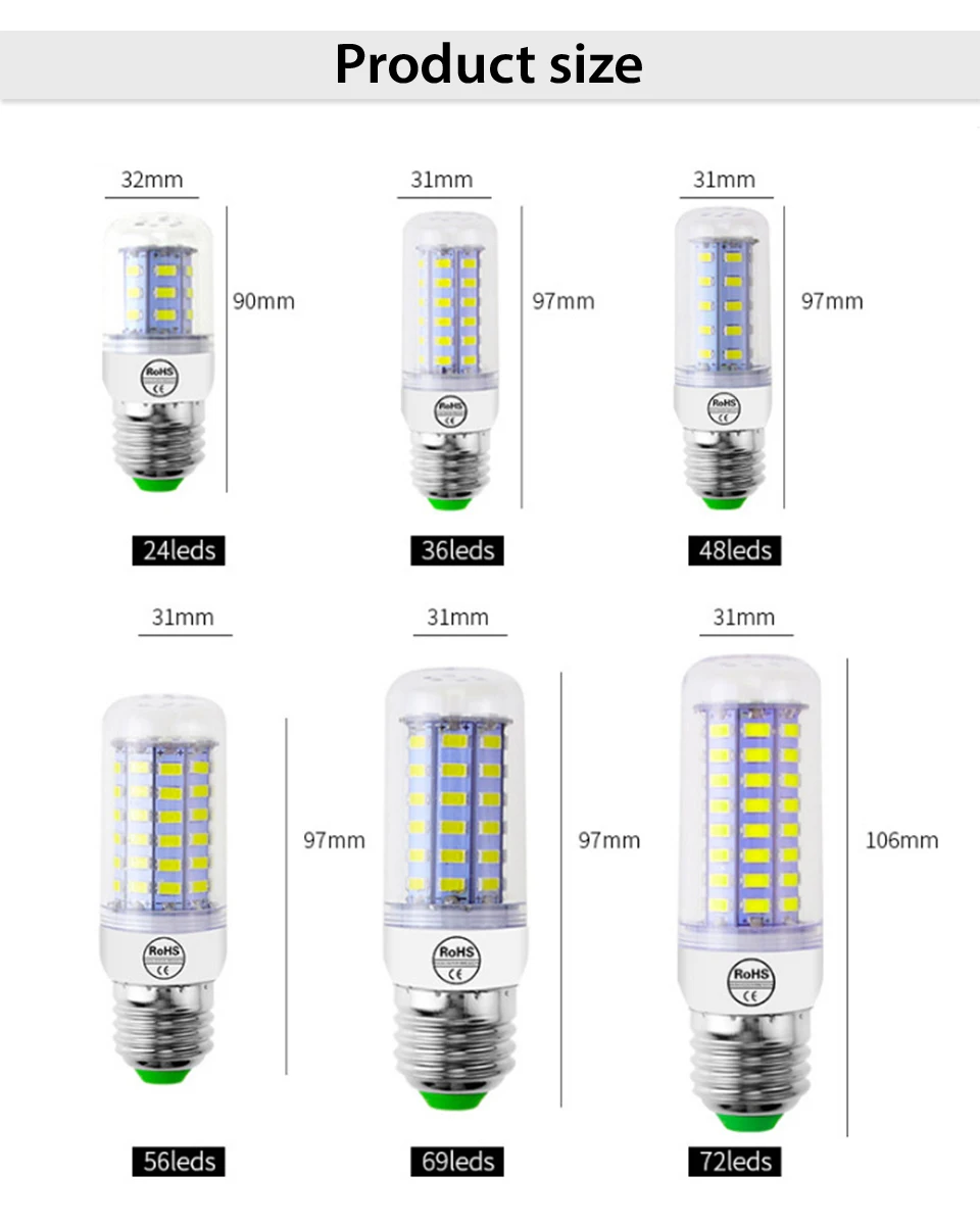 Hontiey E27 светодиодный светильник E14 светодиодный лампы SMD5730 220V лампы кукурузы 24 36 48 56 69 72 светодиодный s люстры лампы в форме свечи светодиодный светильник для украшения дома