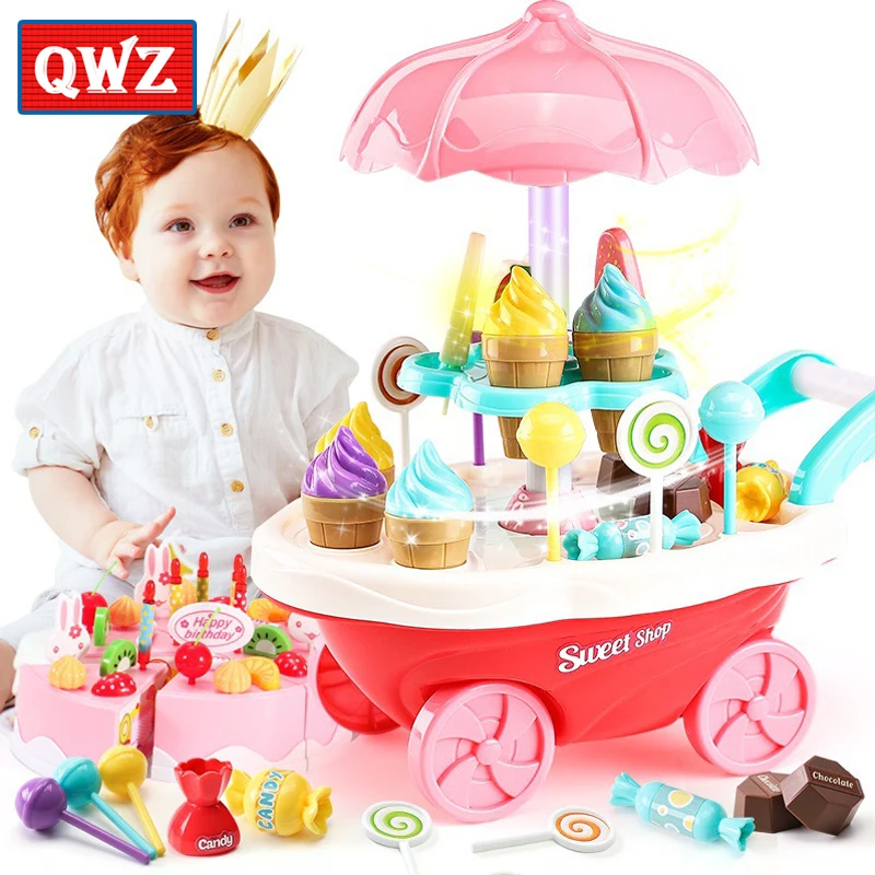 QWZ ролевые игры кухонные игрушки режущий торт ко дню рождения еда для детей мороженое конфеты автомобиль с светильник музыка игрушка для девочек Подарки