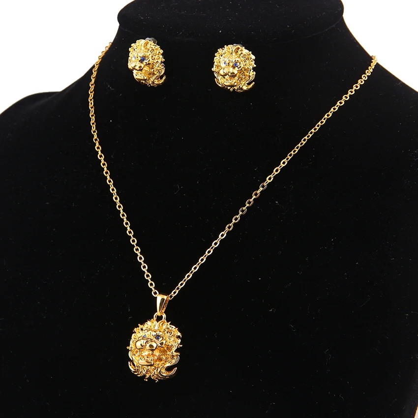 Lion Head Necklace Set Promotion For Promotional Jewelry Set Gold Lion Head Pendant Earrings New Rhinestone Color Wedding Party Women Vintage African 2017