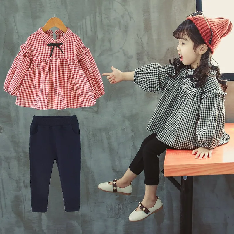 

Fall Baby Girl Clothes Korean Plaid Long Sleeved Doll Shirts Tops + Leggings Infant Outfits Kids Bebes Jogging Suit Tracksuits
