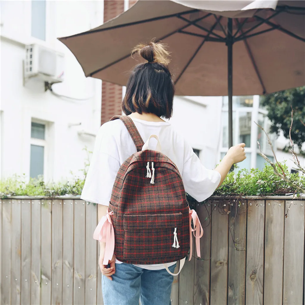 Backpack For Women Sen Literary Retro Plaid Bag Female Small Fresh Plaid Bow Student 
