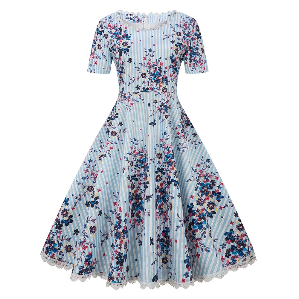 

Feitong Vintage Women Floral Printed Dress Causal Small Floral Short-Sleeved Lace Round Neck Mini Dress vestidos verano 2019 New