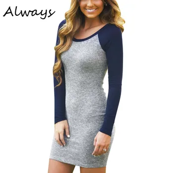 

2019 Female Vintage Style Sexy Skinny Dress Grey and Blue Red Long Sleeve Color Block Round Neck Bodycon Dress