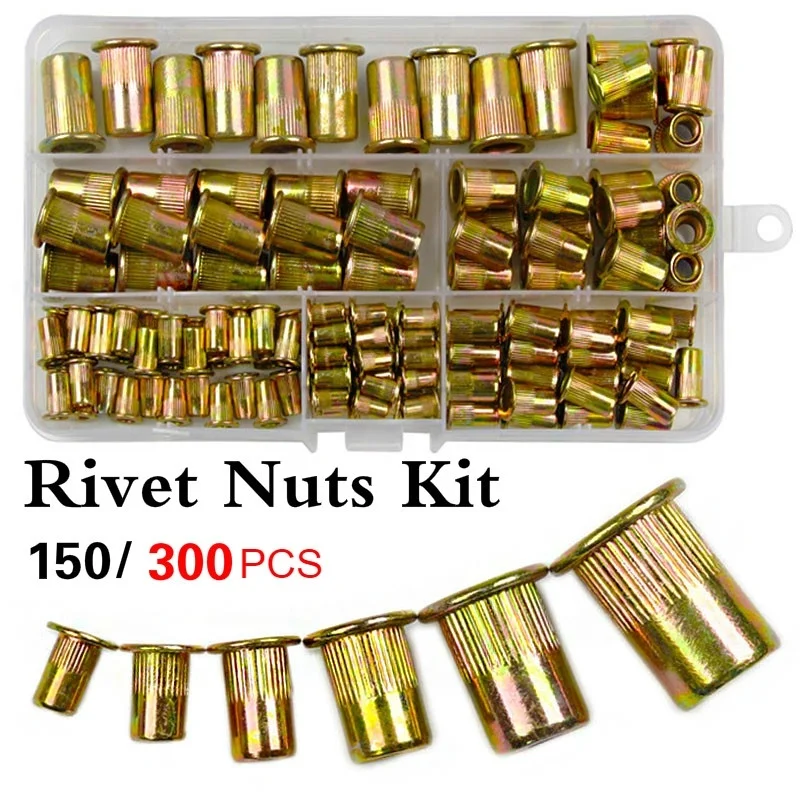 

150PCS M3 M4 M6 M8 M10 Carbon steel Rivet Nuts Flat Head Rivet Nuts Set Nuts Insert Riveting Set