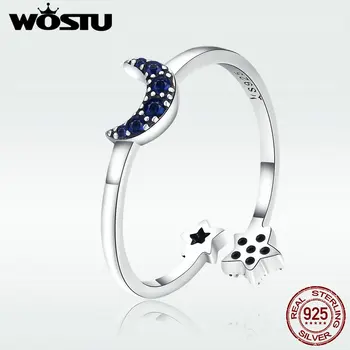 

WOSTU Authentic 100% 925 Sterling Silver Dazzling Moon & Star Open Finger Rings for Women Crystal Jewelry Christmas Gift DXR437