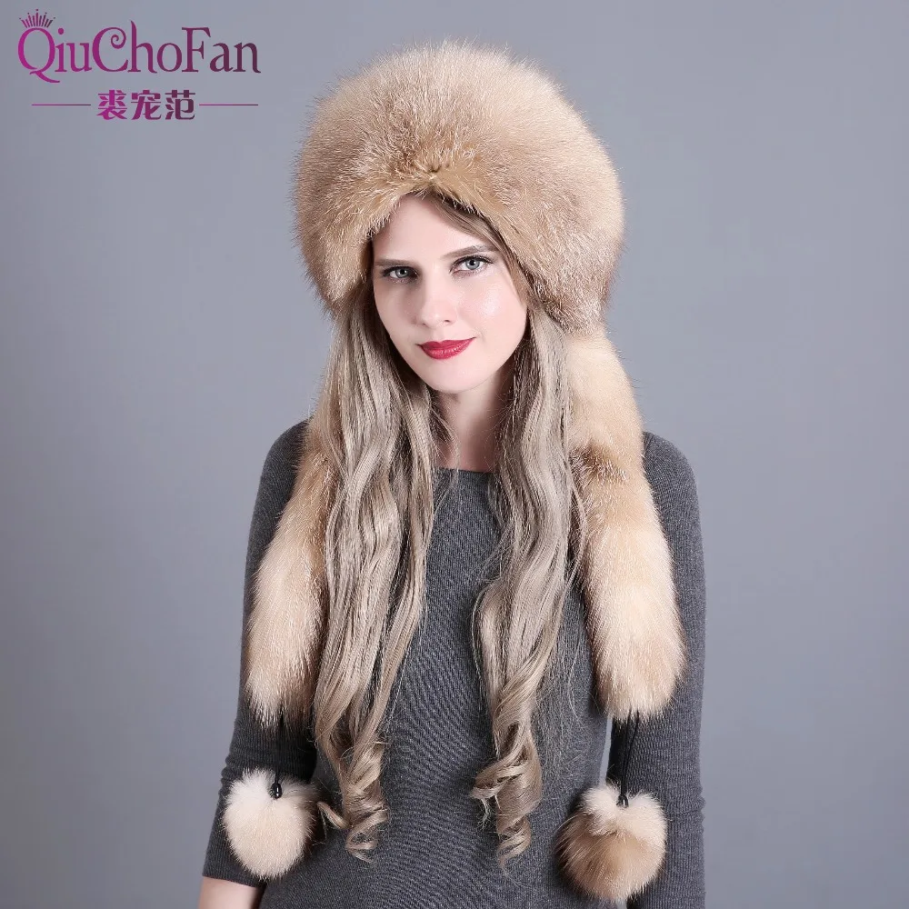 Gorros de invierno para mujer con piel de zorro y piel de conejo con 2 pompones de cola de zorro entera de invierno ruso fuera de cálidas gorras de Mongolia - 1