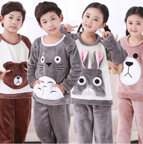 

Children Totoro/Bear/Rabbit Cute Flannel Girl/Boy Pajama Suit Winter Kid's Sleepwear Set Home Cartoon O-neck Long Sleeve Pyjamas