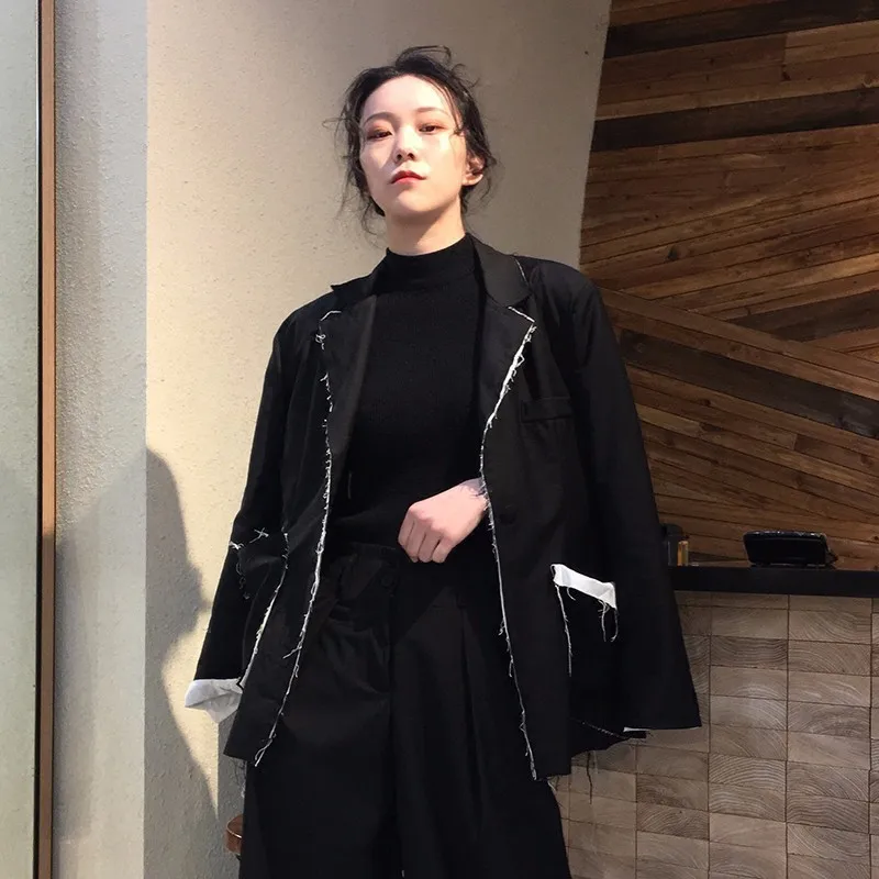 TWOTWINSTYLE Блейзер комплект из двух предметов для женщин кисточкой карман пальто со шнуровкой Высокая талия длинные широкие брюки Весна OL одежда - Цвет: Black Coat
