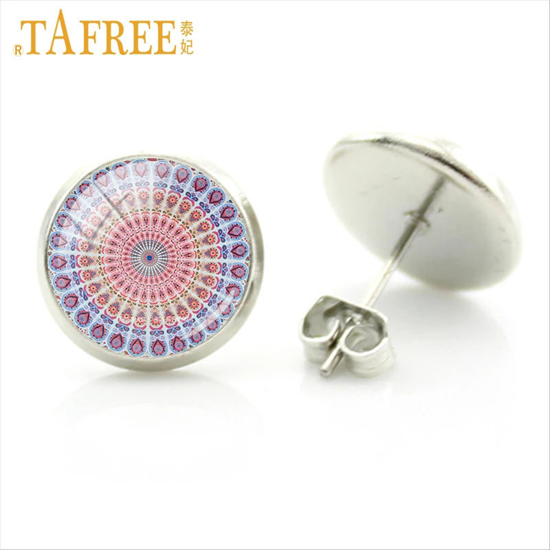 

TAFREE Classic Mandala Stud Earrings Retro Handmade vintage for fashion women round Glass cabochon Yoga OM Symbol jewlery H391
