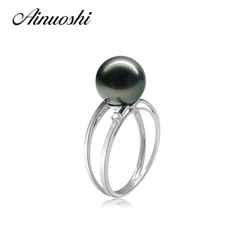

AINUOSHI Fashion Women 925 Sterling Silver Rings 9.5-10mm Natural Tahitian Cultured Pearl Round Pearl Engagement Wedding Rings