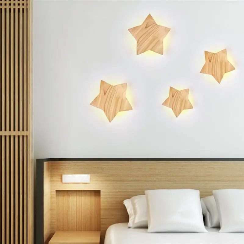 

LED Star Wall Lamp Wooden Night Light Bedside Lamp for Kids Baby Corridor Bedroom Living Room Aisle Decoration Warm Light