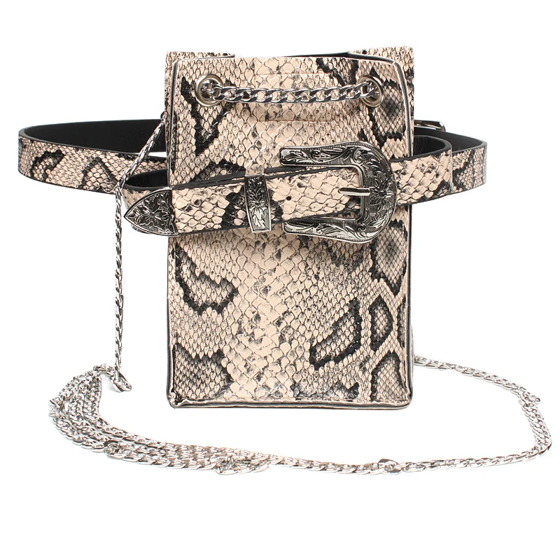 Новая женская сумка-мешок со змеиным узором с металлической цепочкой, поясная сумка-ведро, стильная маленькая капля поясная дорожная сумка, бумажник чехол для телефона - Цвет: Розовый