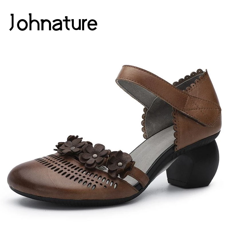

Johnature 2019 New Summer Genuine Leather Retro Women Shoes Hook & Loop Hoof Heels Appliques Floral Sandals Med Heel