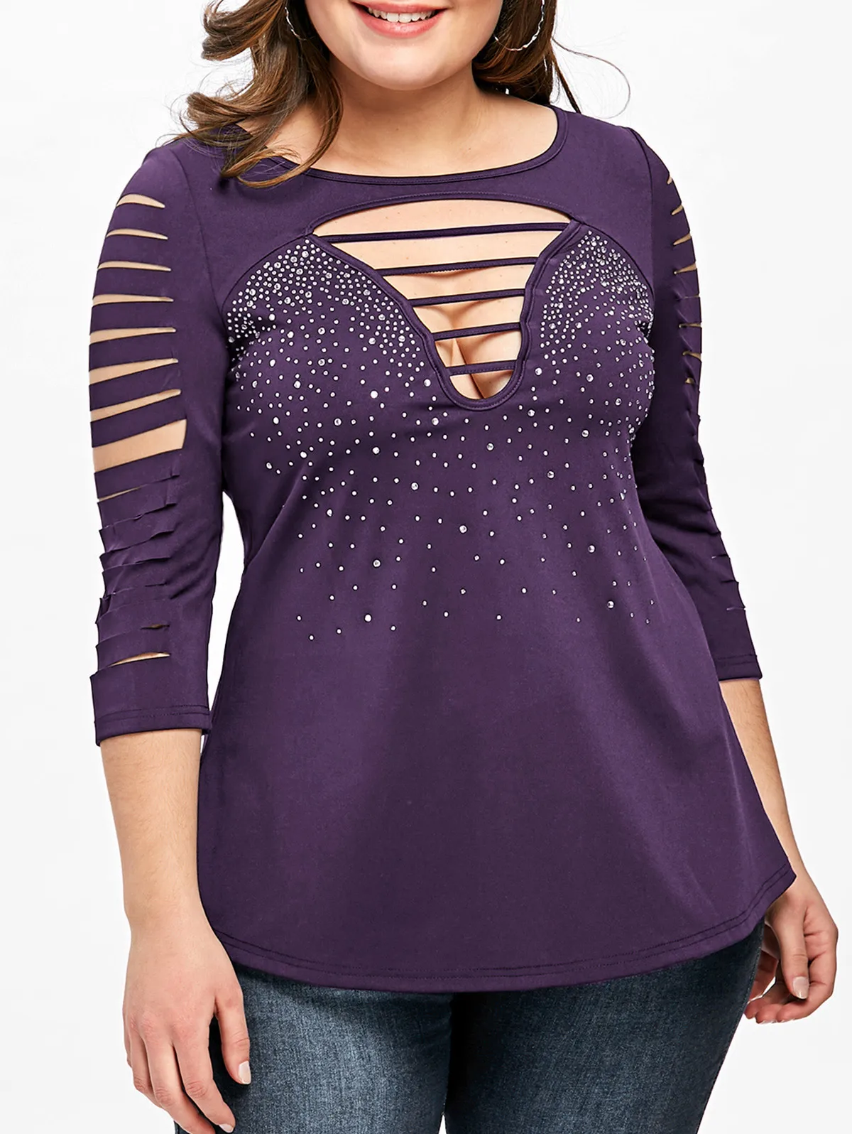 Wipalo весенние женские топы плюс Размеры 5XL лестница/пластичная Shredding футболка Для женщин Повседневное с круглым вырезом 3/4 рукава T рубашка большого размера Женская одежда - Цвет: Purple