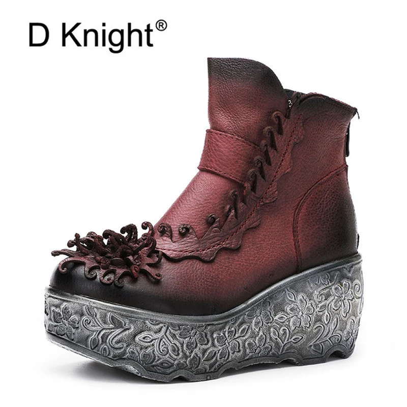 

Handmade Genuine Leather Women Thick High Heel Platform Wedges Ankle Boots Retro Flower Female Short Boot Comfortable Lady Shoes