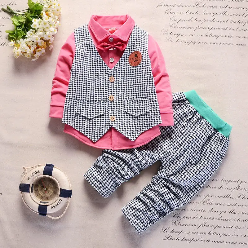 BibiCola/весенне-осенний комплект одежды для мальчиков, детский Джентльменский жилет в клетку с бантом+ футболка+ штаны, 3 предмета, детские модные повседневные Костюмы - Цвет: Розовый