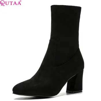 

QUTAA 2020 Women Mid Calf Boots Platform Sock Bootd Winter Shoes All Match Pointed Toe Women Motorcycle Boots Big Size 34-43