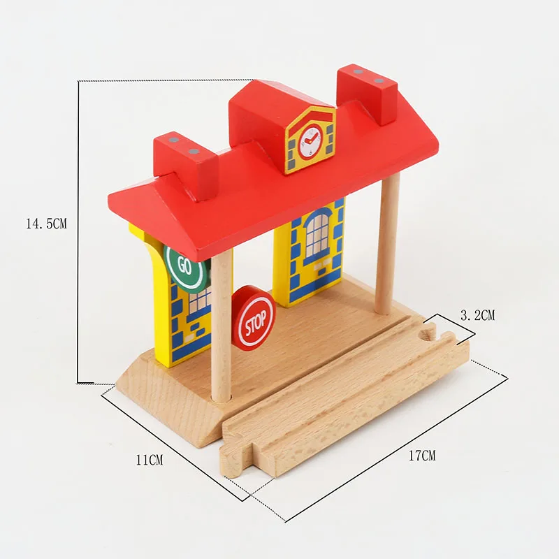 Часы станции деревянная железная дорога Аксессуары Универсальный деревянный железнодорожная станция деревянный трек барьер Развивающие DIY игрушки для детей