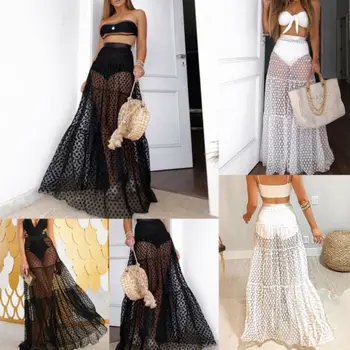 

Summer 2019 Solid Womens Polka Dots See-through Beach Vacation Sexy Sheer Mesh Elastic Waist Long Skirt