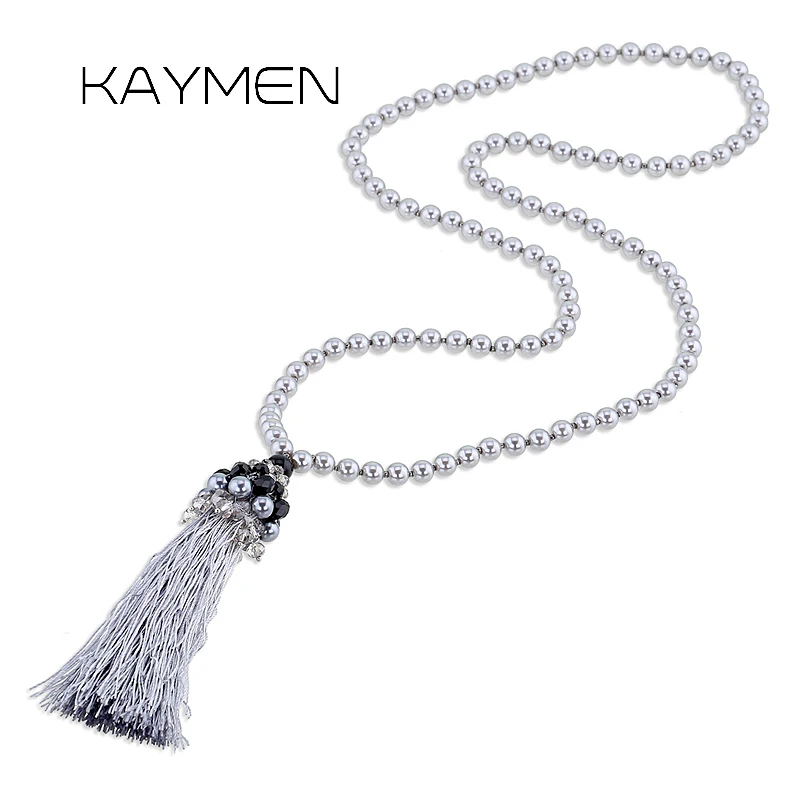 

KAYMEN Imitation Pearls Strands Long Chains with Handmade Tassels Pendant Necklace for Girls Bohemia Style Crystal Pendant 4074