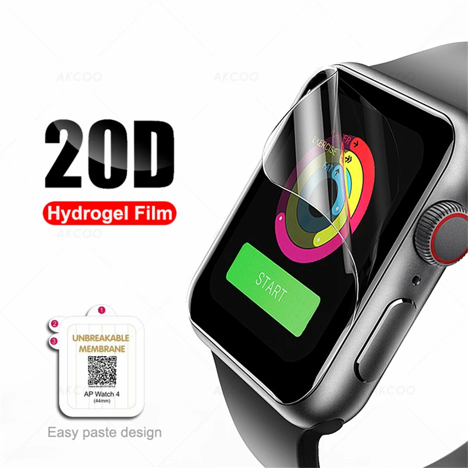 Akcoo 20D for Apple Watch 44 mm Screen Protector with easy paste Hydrogel Full Protective Film For Series 1 2 3 4 38 40 42 44mm 1