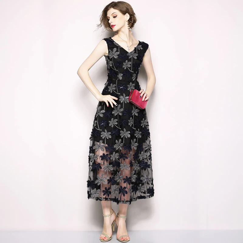 Flower Embroidered Vintage Mesh Embroidery Dresses Party Embroidery