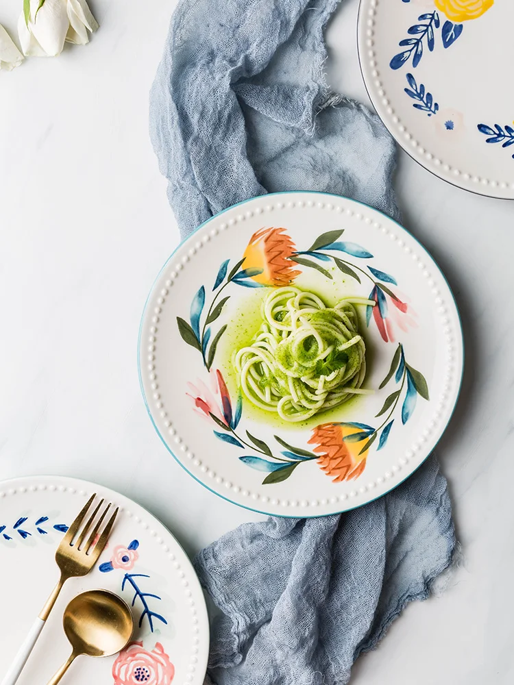 

EECAMAIL Four-Seasons Creative Hand-Painted Fresh Flowers Underglaze Color Ceramic Tableware Dish Western Plate Household Flat
