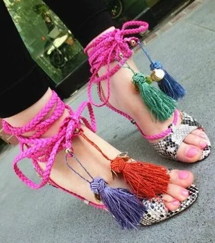 

2018 Fashion Braid Straps Women Sexy Lace Up Sandals Python Leather Ladies Peep Toe High Heels Summer Fringe Party Shoes Size 41