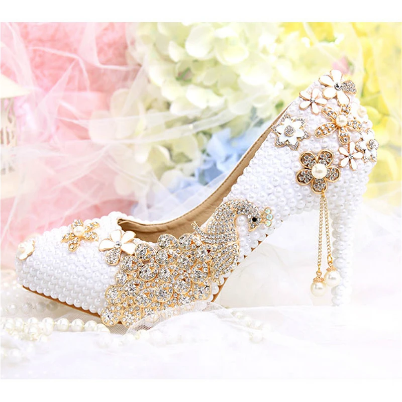 Cristal Mariée Strass De Gland Heel Talons Haute Perle 10cm Paon Pointu Chaussures Dames Pompes Plate Femelle Mariage forme Bout En Femmes PdIqYwxFWY