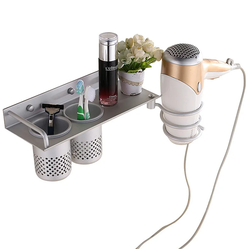 

Multi function Bathroom Hair Dryer Holder Wall Mounted Rack Space Aluminum Shelf Storage Organizer Hairdryer Holder