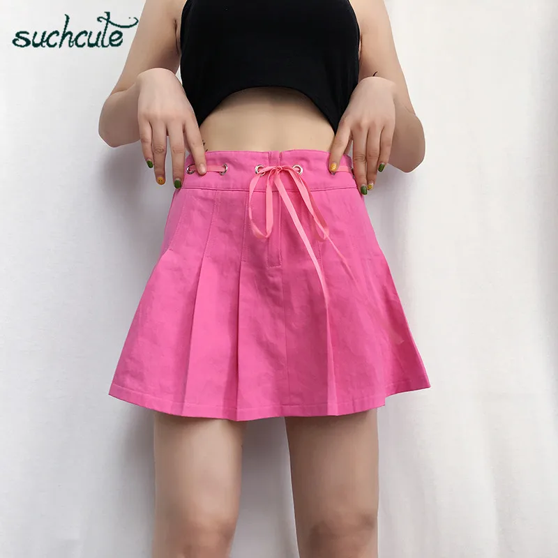 

SUCHCUTE Women's Pleated Skirts Pink Bandage Summer 2019 Female Mini Harajuku Korean Style Female Clothes Holiday Party Spodnica