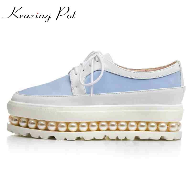 2017 Nowy arrivel mody zwiększenie platformy okrągły nosek PU skóra eleganckie mokasyny pearl lace up big size casual women shoes L5f2