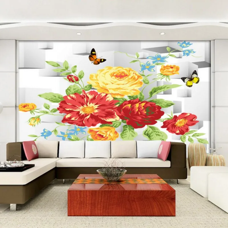 

wallpaper 3d 3D wallpaper butterfly hand painted peony Living room balcony decoration background mural